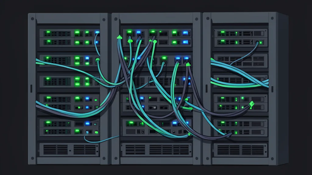 A dense rack of network switches with glowing status lights and bundled fiber optic cables