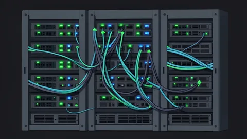 A dense rack of network switches with glowing status lights and bundled fiber optic cables