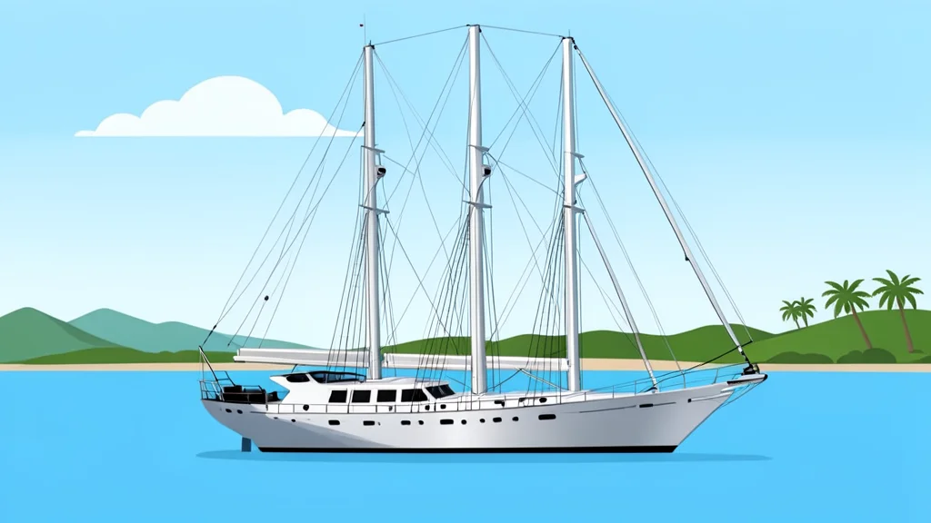 A large aluminium sailing yacht with tall masts floating on calm blue water near a tropical coastline.