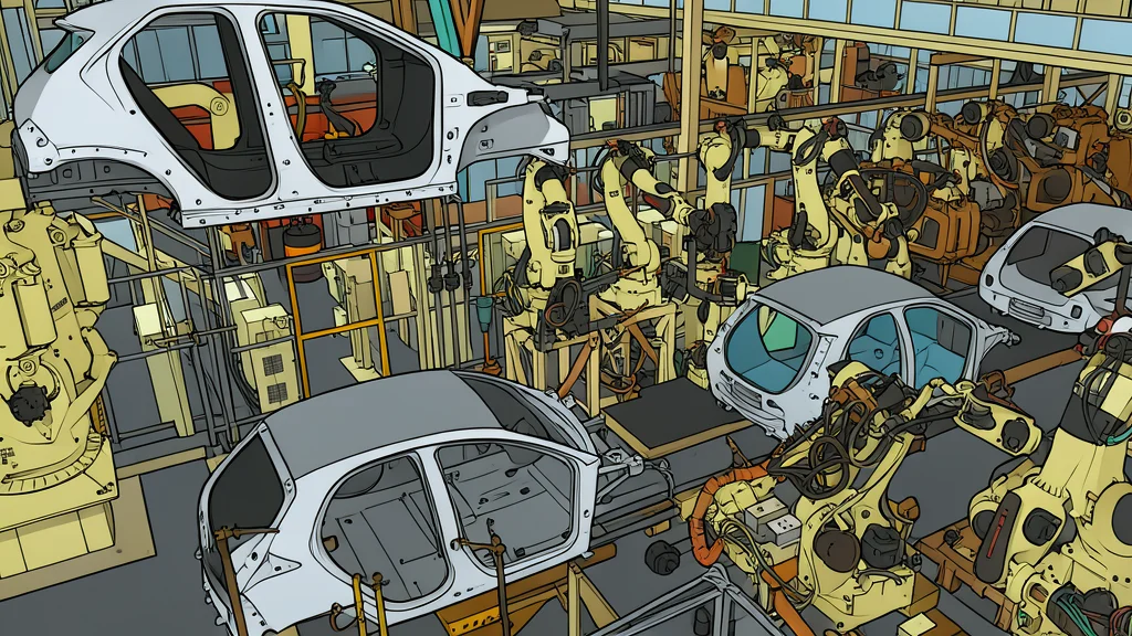 A wheeled humanoid robot standing on an automotive assembly line next to a car chassis