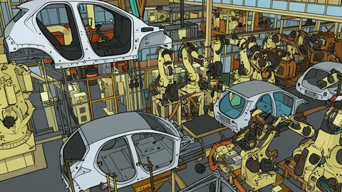 A wheeled humanoid robot standing on an automotive assembly line next to a car chassis