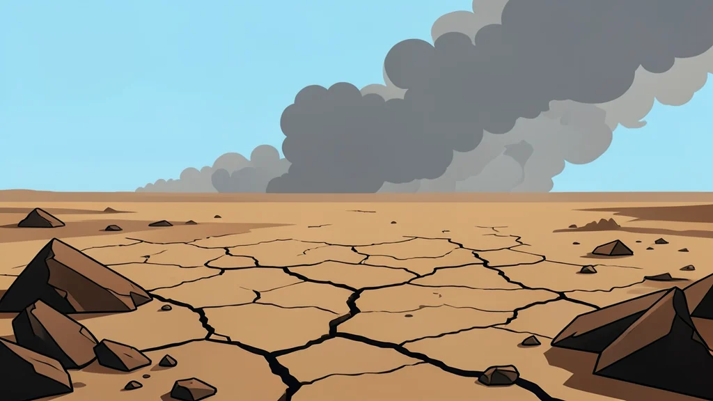 A dusty, cracked earth landscape in the Sahel region with scattered debris and a distant, smoke-filled horizon