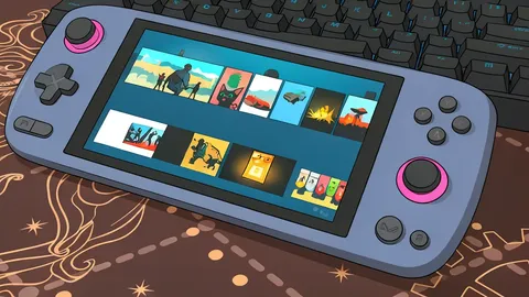 A flat vector illustration of a handheld gaming console with a central screen and dual control sticks.