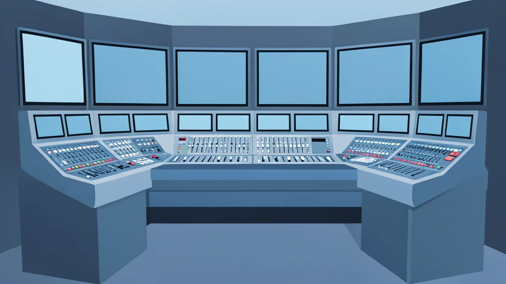 A television studio control room with mixing consoles and camera monitors