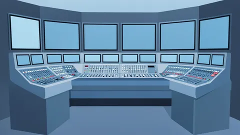 A television studio control room with mixing consoles and camera monitors