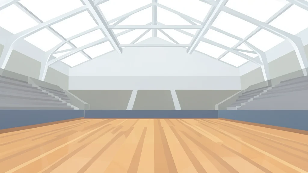 A wide-angle view of a modern indoor volleyball arena with a glossy wooden court and high white ceilings.