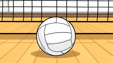 A volleyball net stretched across a gymnasium floor with a ball resting on the mesh