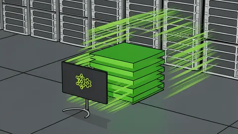 A dense rack of black server units with glowing green status lights and thick black cables connecting the ports