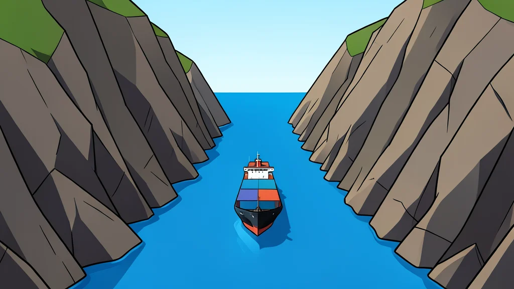A narrow, deep waterway connecting two large bodies of water, with steep rocky cliffs rising on either side and a single cargo ship navigating the channel.