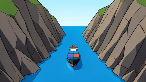 A narrow, deep waterway connecting two large bodies of water, with steep rocky cliffs rising on either side and a single cargo ship navigating the channel.