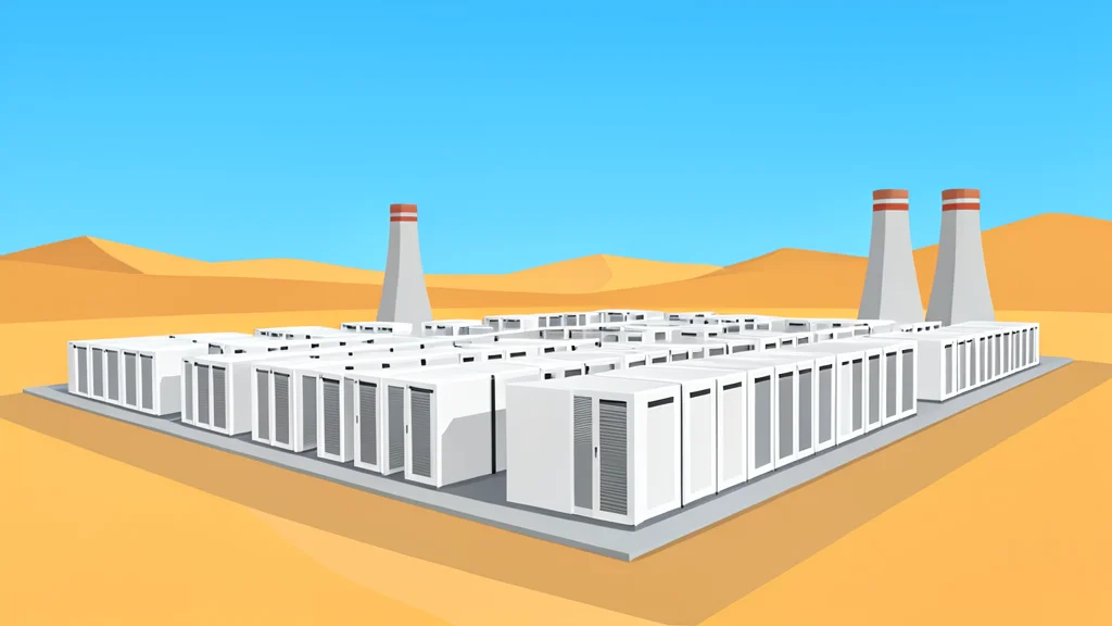 A large, open-air data center campus with rows of white server racks and cooling towers under a desert sky