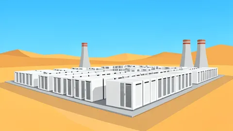 A large, open-air data center campus with rows of white server racks and cooling towers under a desert sky