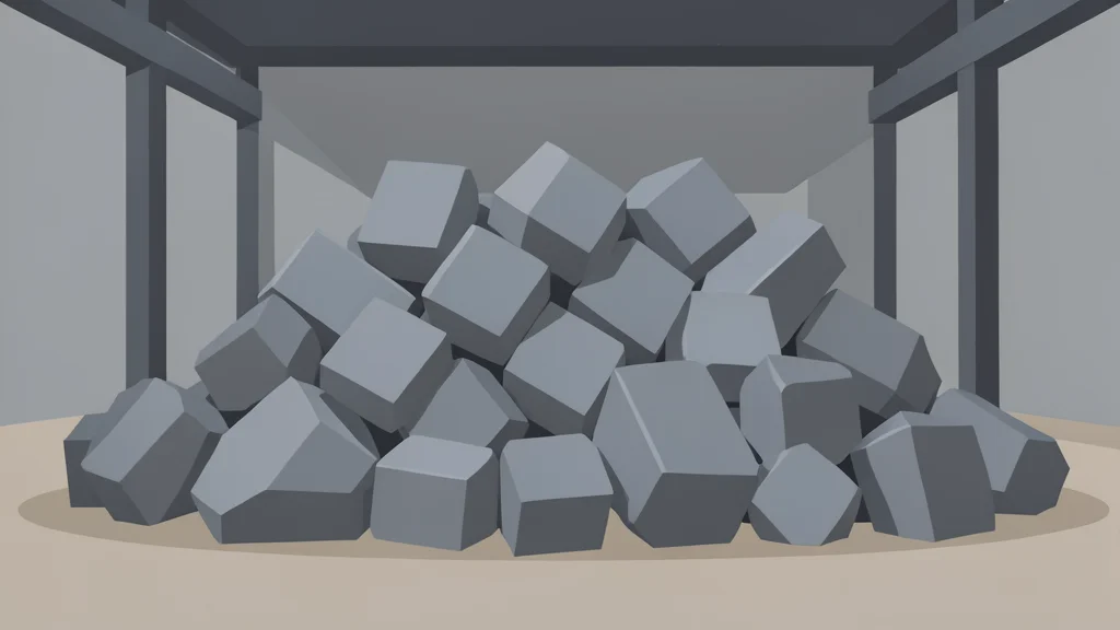 A pile of grey metallic ingots and ore chunks in an industrial warehouse