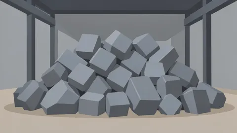 A pile of grey metallic ingots and ore chunks in an industrial warehouse