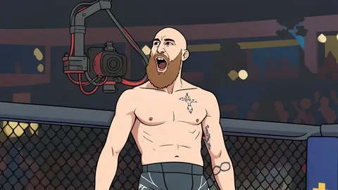 A flat vector illustration of a circular fighting cage in a large indoor arena, surrounded by abstract crowd shapes and dramatic lighting.