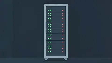 A server rack with blinking status lights in a dark room