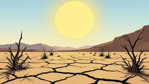 A dry, cracked earth landscape with sparse, withered vegetation under a harsh sun