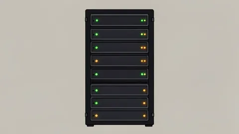A flat vector illustration of a server rack with blinking status lights.