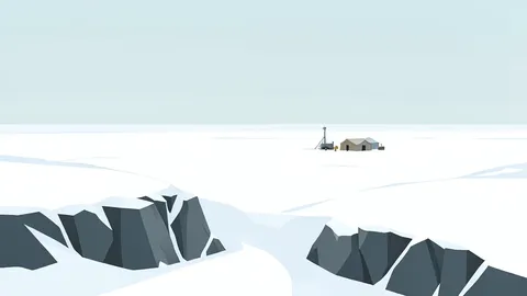 A vast, snow-covered arctic landscape with exposed rocky outcrops and a distant mining exploration camp