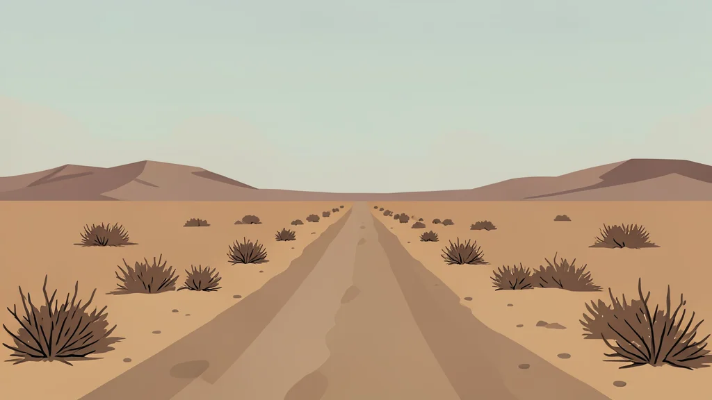 A flat-vector illustration of a dusty, unpaved road winding through a semi-arid landscape with scattered dry vegetation and distant low hills under a hazy sky.
