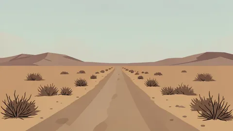 A flat-vector illustration of a dusty, unpaved road winding through a semi-arid landscape with scattered dry vegetation and distant low hills under a hazy sky.