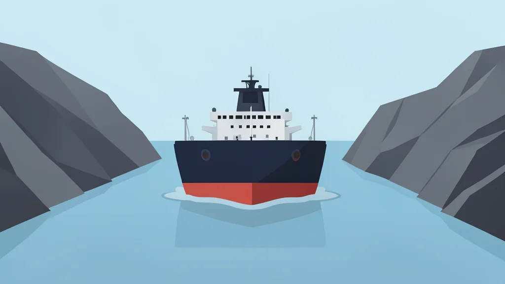A massive oil tanker ship moving through a narrow strait