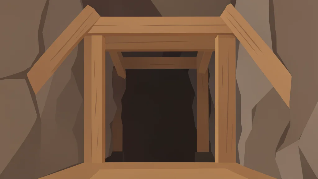 An underground mine shaft with wooden support beams and rock walls