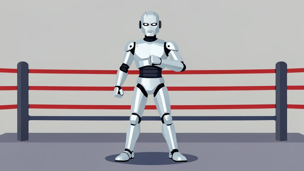 A metallic humanoid robot standing in a boxing ring