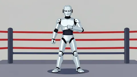 A metallic humanoid robot standing in a boxing ring
