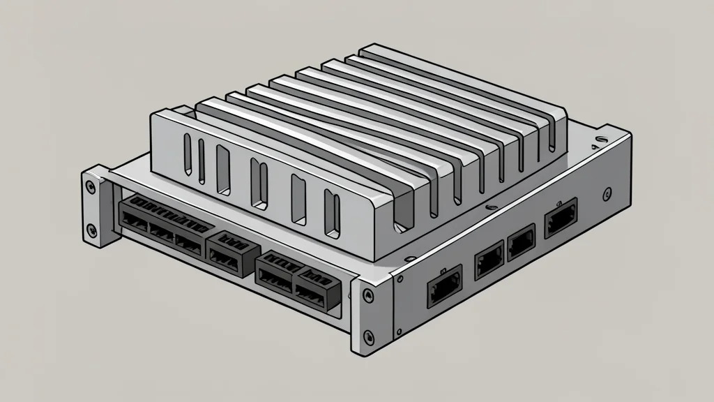 A rugged industrial computer module with visible heat sinks and connector ports
