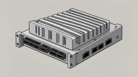 A rugged industrial computer module with visible heat sinks and connector ports