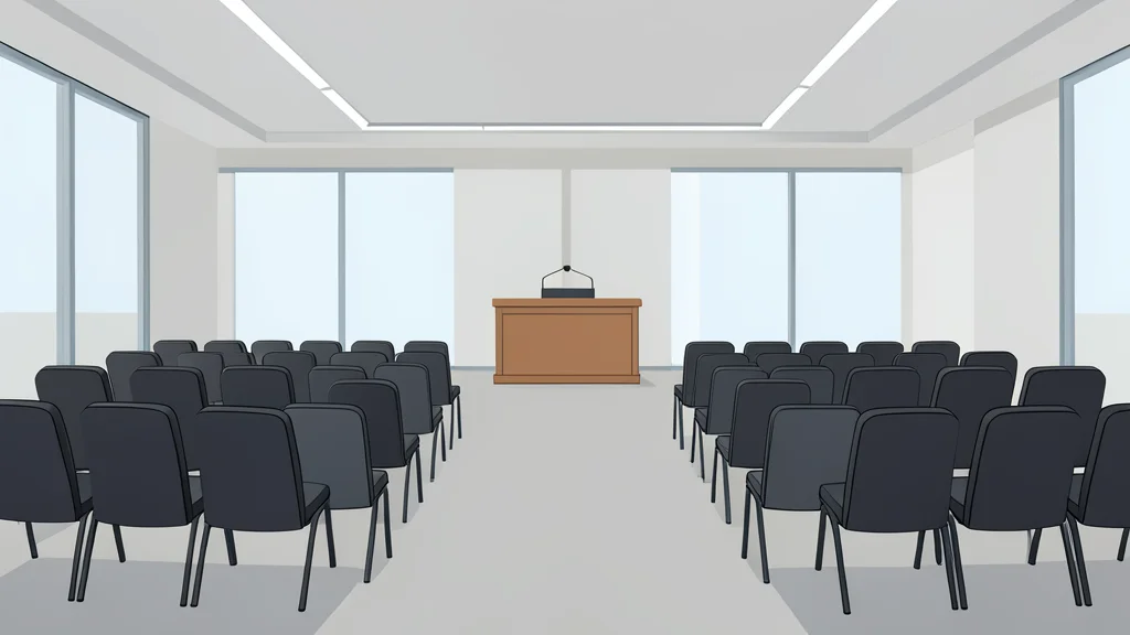 A large, modern conference hall with rows of empty chairs facing a central podium, situated in a neutral, well-lit room.