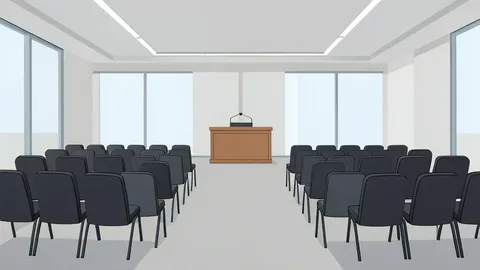 A large, modern conference hall with rows of empty chairs facing a central podium, situated in a neutral, well-lit room.