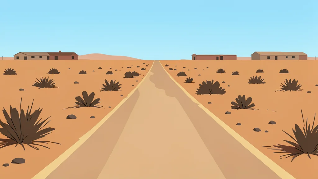 A dusty, unpaved road stretching through a dry, arid landscape with sparse vegetation and distant, low-rise buildings.
