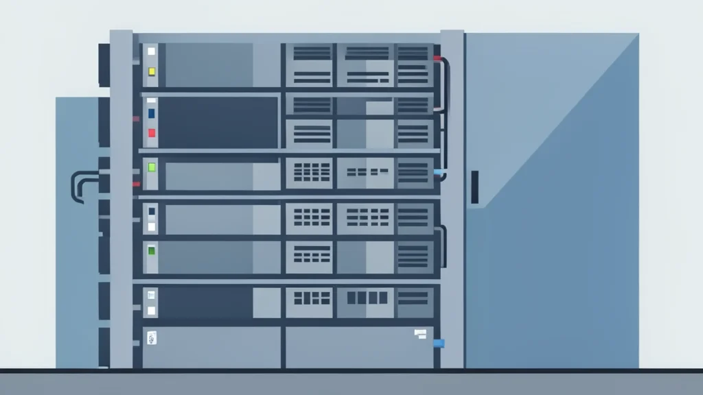 A flat vector illustration of a server rack in a data center, featuring stacked hardware units and cabling, rendered in muted blue and grey tones.
