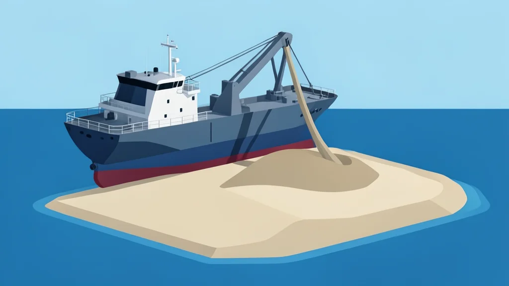 A flat vector illustration of a large dredging vessel lifting sand from the ocean floor to form an artificial island structure.