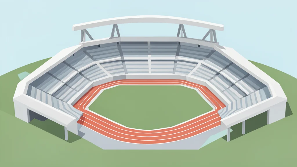 A modern stadium structure with open seating areas and a running track