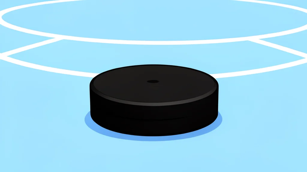 An ice hockey rink with a goal net and a puck resting on the ice surface