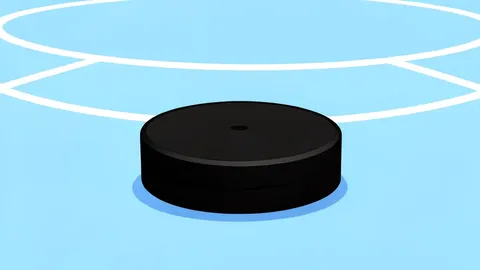 An ice hockey rink with a goal net and a puck resting on the ice surface