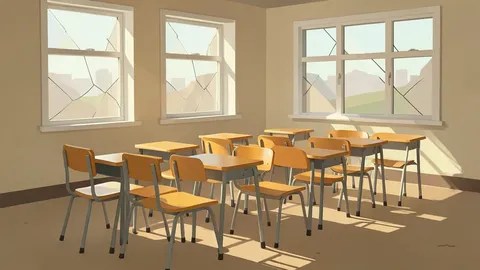 A row of small, empty school desks in a dusty, sunlit classroom with broken windows