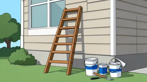 A residential house exterior with a ladder and renovation materials