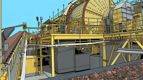 A flat-vector illustration of a gold mining processing plant featuring crushers and mills.