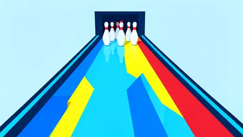 A colorful, stylized bowling lane with pins at the end and abstract obstacles scattered on the surface.
