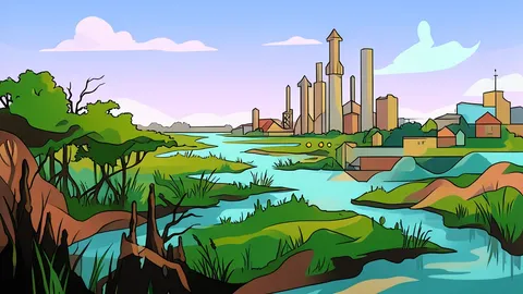 A coastal marsh landscape featuring wooden pilings and sparse vegetation under a clear sky.