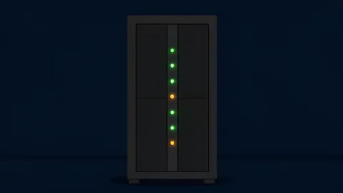 A server rack with blinking status lights in a dark data center