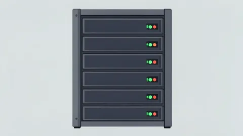 A server rack with blinking status lights