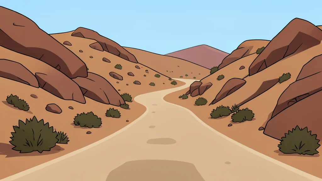 A dusty, unpaved road winding through arid, rocky hills with sparse vegetation
