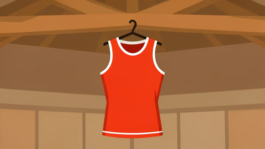 A basketball jersey hanging from the wooden rafters of an indoor arena