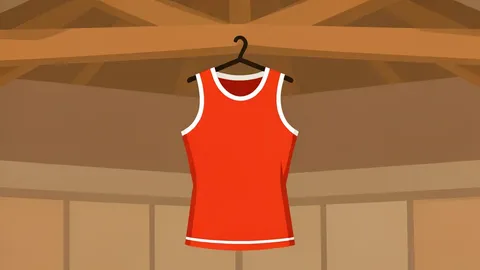 A basketball jersey hanging from the wooden rafters of an indoor arena