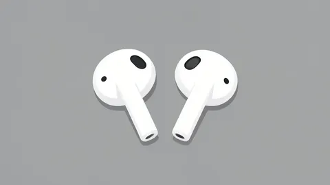 A pair of white wireless earbuds resting on a matte surface